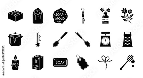 Black and white icons depicting wax soap making and crafting supplies
