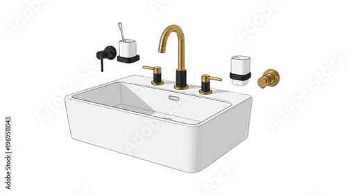 Modern Bathroom Sink with Luxury Gold Faucet and Wall Mounted Accessories, Minimal Wash Basin Interior Design Illustration