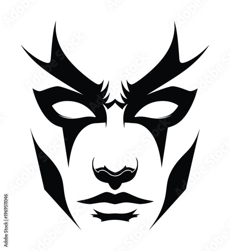 Dramatic vector face design with bold lines and sharp edges in a stylized mask style