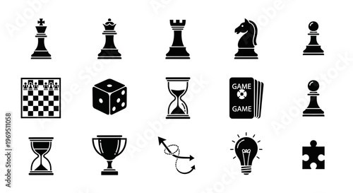 Black and white icons depicting chess pieces game board dice timer cards trophy lightbulb and puzzle piece