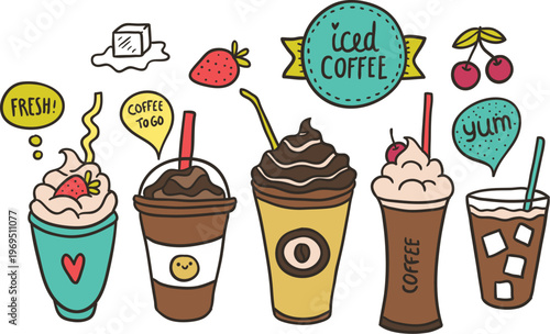 Cute iced coffee drinks cartoon vector