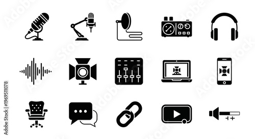 Black and white icons representing podcasting video production and audio equipment arranged in a grid