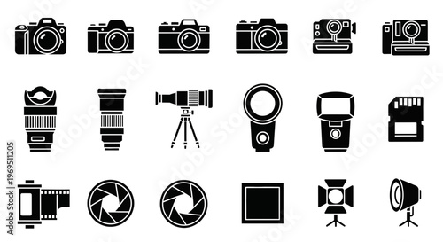 Black silhouette icons depicting various photography equipment on a white background