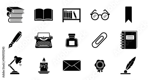 Black silhouette icons of writing reading and office supplies on white