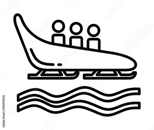 Vector of three people riding a sleek bobsled over stylized waves in