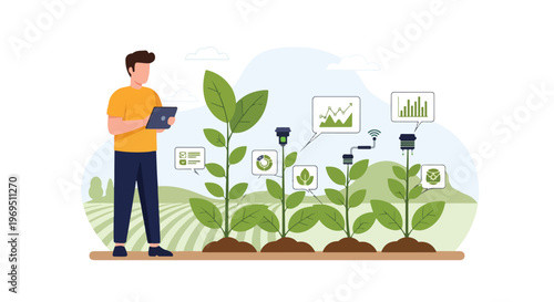 Male agronomist using digital tablet to monitor plant health and growth in field with data visualization, smart sensors and agricultural technology icons in flat vector style.