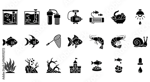 Black silhouette icons related to aquariums including tanks equipment fish shrimp and decor