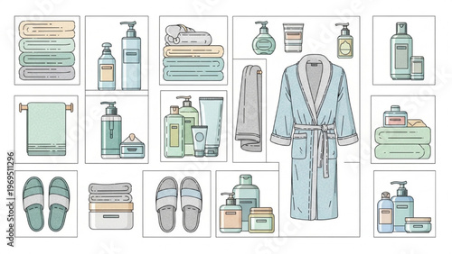 Spa Essentials Collection with Bathrobe Towels Skincare Bottles and Accessories, Minimal Bathroom Lifestyle Illustration Set