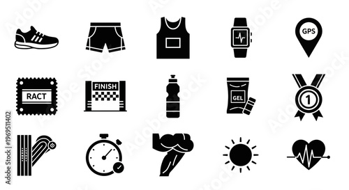 Black silhouette icons related to running fitness and monitoring gear
