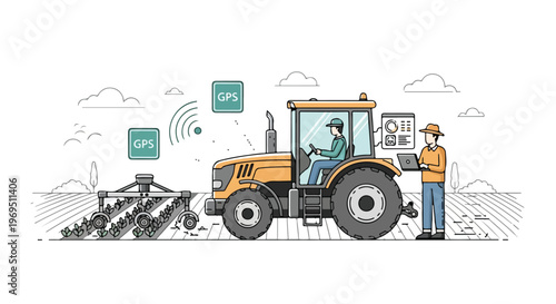 Flat line vector illustration of a modern tractor with GPS technology in a field, featuring farmers using a laptop and digital dashboard for precision agriculture and automation.