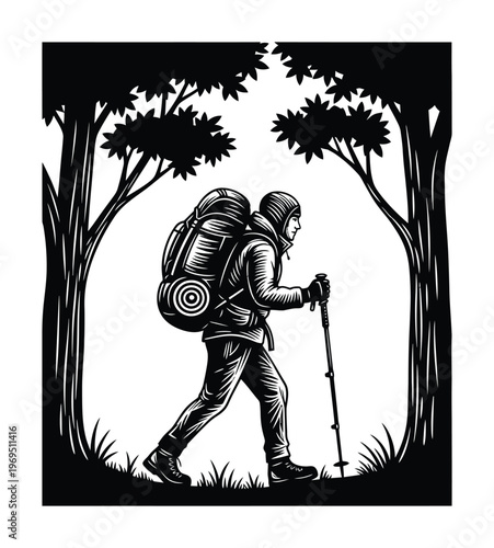 Vector of a hiker with a backpack walking through a forest using a trekking pole