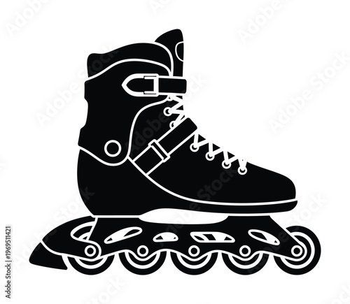 Vector of a black inline skate featuring laces, straps, and four wheels