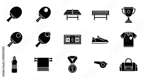 Black silhouette icons related to table tennis equipment and accessories arranged in three rows