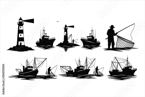 Fisherman silhouette set with lighthouse, fishing boats, trawlers, and workers using nets for nautical, maritime, ocean, sea industry, and coastal vector design projects