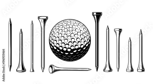 Golf ball with metal nails and spikes set in black and white illustration featuring sports equipment, golfing, graphic with vector and golfing gear