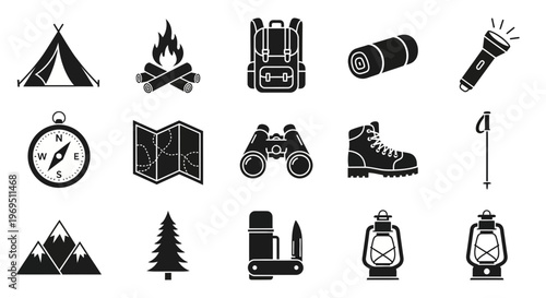 Black silhouette icons representing camping and outdoor gear arranged in a 3x5 grid