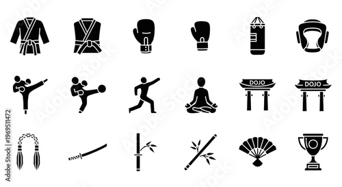 Black silhouette icons representing martial arts equipment actions and related items