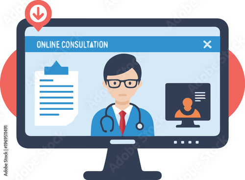 Online medical consultation on computer screen with doctor and patient