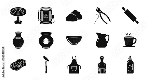 Black silhouette icons representing pottery tools materials and finished ceramic ware