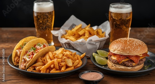 Flavorful Mexican food items like tacos burritos nachos burgers complemented by beer