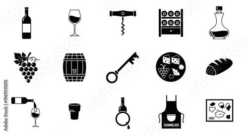 Fifteen blackandwhite icons related to wine including bottles glasses tools and food pairings