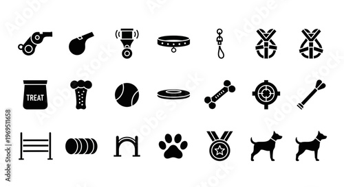 Set of 18 black solid icons related to dog training and supplies