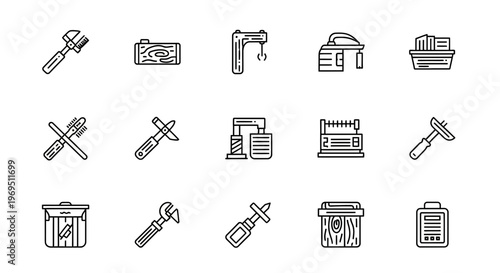 Fifteen blackandwhite line art icons depicting tools and woodworking items