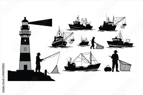 Fisherman silhouette set with lighthouse, fishing boats, trawlers, and workers using nets for nautical, maritime, ocean, sea industry, and coastal vector design projects