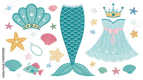 Mermaid dress up set with interchangeable accessories including tail crown seashells starfish and jewelry on white background