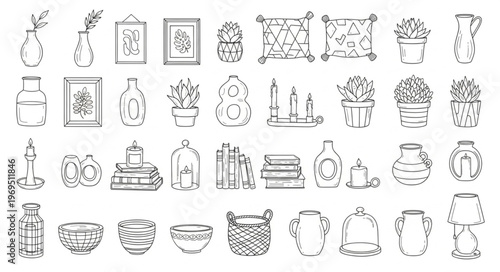 Collection of Hand-Drawn Botanical Illustrations and Vases.