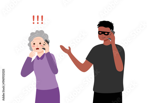 Suspicious stressed senior woman with unexpected call, listening to pressured demands for banking information. Fraud warning, personal data risk, financial scam