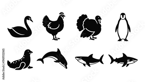 A collection of diverse bird and marine animal silhouettes displayed in a simple graphic style silhouette high quality professional detailed modern