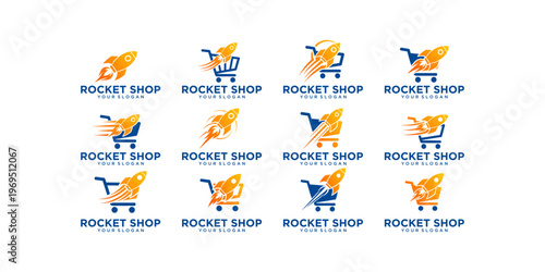 Minimal rocket shop logo set featuring dynamic and clean style, ideal for fast shopping, digital marketplaces, and startup businesses