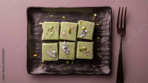 Top view of pistachio barfi squares garnished with silver leaf and chopped nuts on a dark textured ceramic plate served with a fork for elegant festive celebration