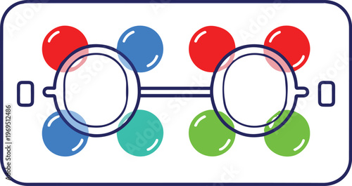 Colorful glasses with red, blue and green lenses are shown.