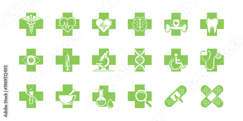 Clean and modern healthcare logo set with medical cross, heartbeat line, and wellness elements in green vector style.