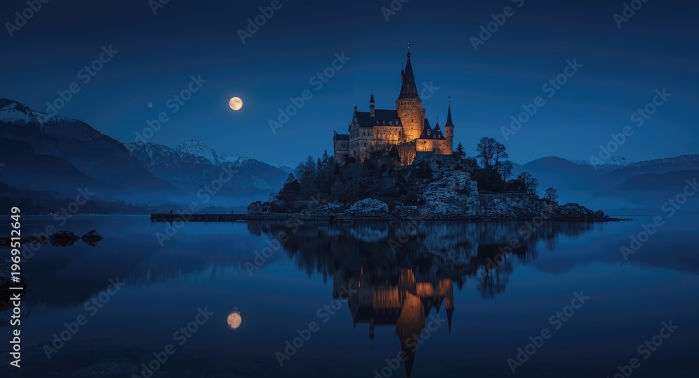 Fototapeta premium Mystical fortress reflecting on serene water under a full moon