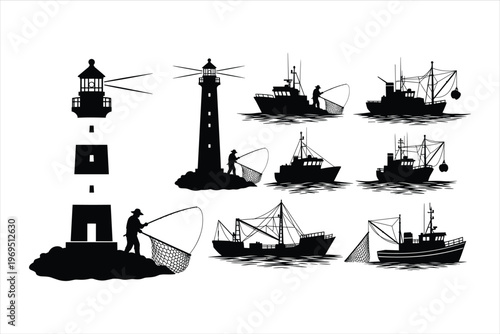 Fisherman silhouette set with lighthouse, fishing boats, trawlers, and workers using nets for nautical, maritime, ocean, sea industry, and coastal vector design projects