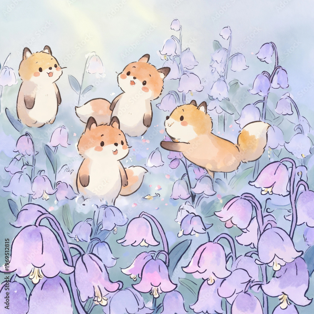 Naklejka premium Cute Fox Bluebell Flower Watercolor Art Illustration