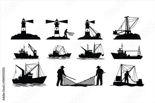 Fisherman silhouette set with lighthouse, fishing boats, trawlers, and workers using nets for nautical, maritime, ocean, sea industry, and coastal vector design projects