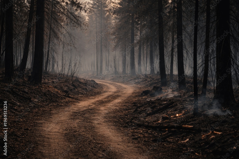 Obraz premium A desolate dirt path curves through a charred woodland showing burnt trees and ash ground