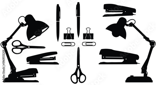 Silhouettes of various office and desk supplies for work and study.