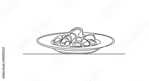 Continuous line drawing of a plate of dumplings, minimalist food illustration