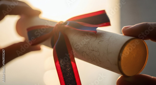 Close-up of hands exchanging a rolled diploma or certificate tied with a red and blue ribbon against a warm, glowing background.