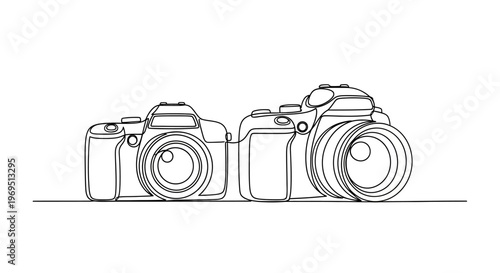 Two DSLR cameras side by side, minimalist line art, photography concept