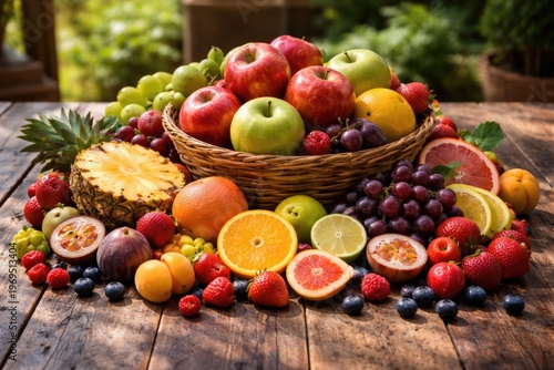 Colorful assortment of fresh fruits on a rustic wooden table with natural lighting