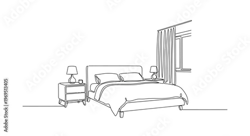 Minimalist Bedroom Line Art: Bed, Nightstand, Lamp, Window with Curtains