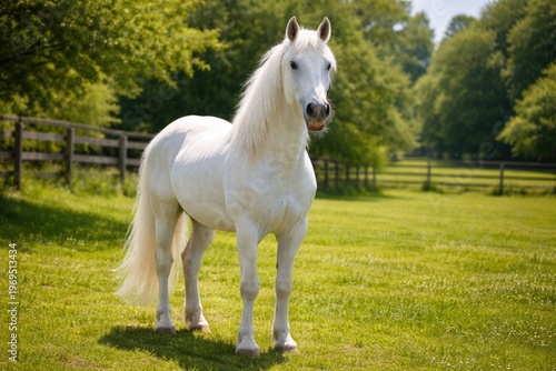 Joyful white horse pet stan...
