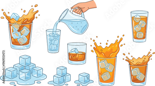 Cold drink splash set with ice cubes, pouring water, and refreshing beverages in glasses, dynamic liquid motion illustration for food and drink design