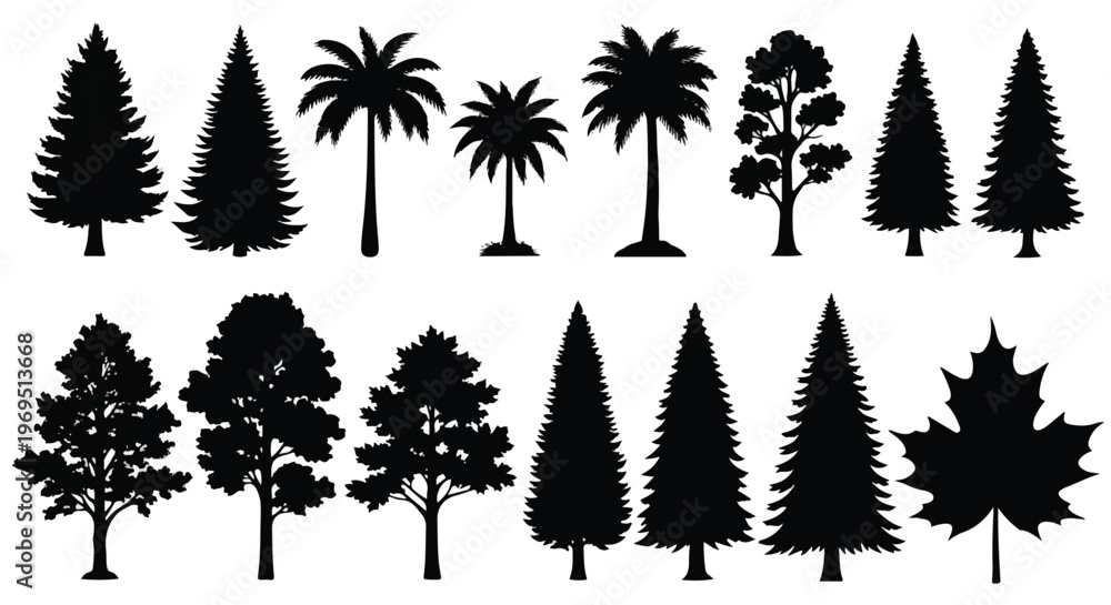Fototapeta premium Diverse collection of tree silhouettes showcasing various species and shapes.